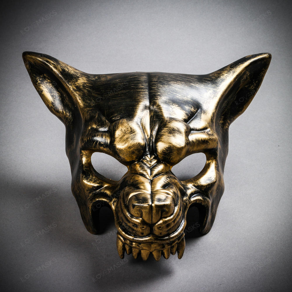 Angry Metallic Wolf Masquerade Mask - Black Gold